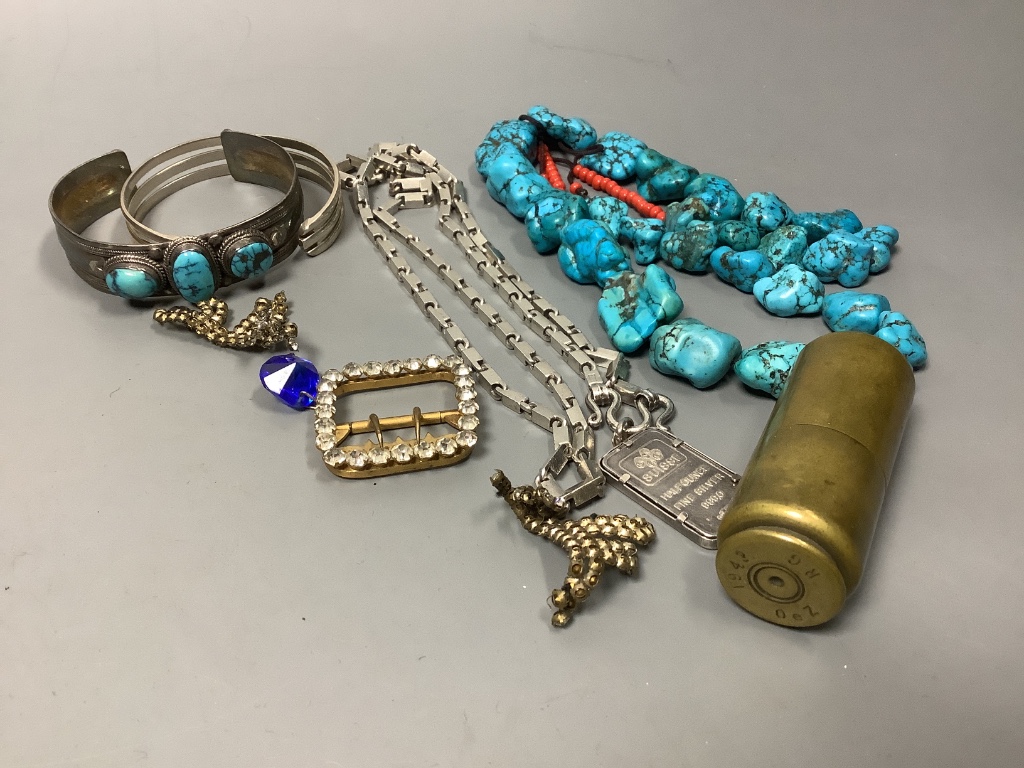 A turquoise necklace and mixed costume jewellery including a miniature dolls house glass set